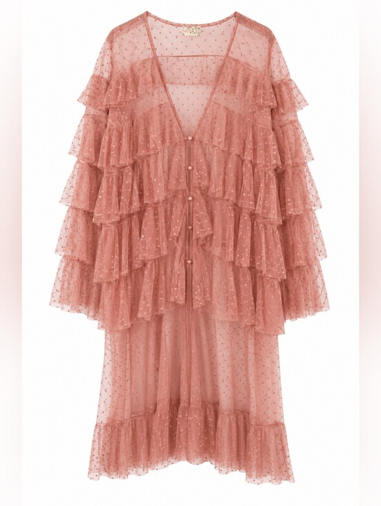 Free People Other - Free People Take Me Out Duster Mauve Sheer Swiss Dot Ruffle Kimono Robe NWT OS